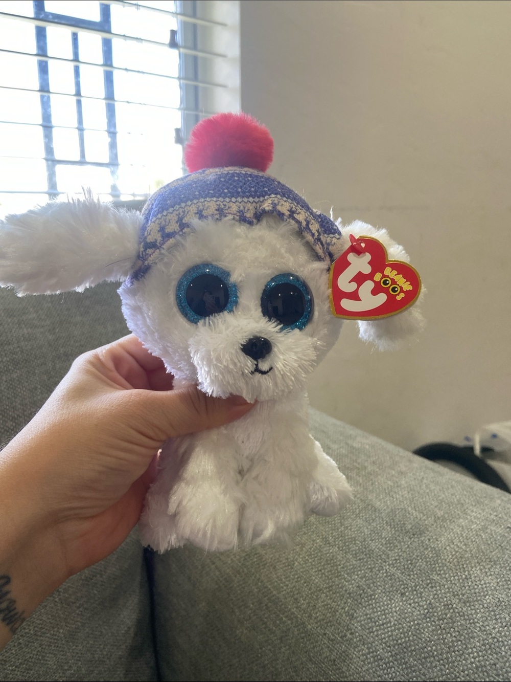 Ty White Plush Dog with Blue Glitter Eyes and Purple Hat with Red Pom